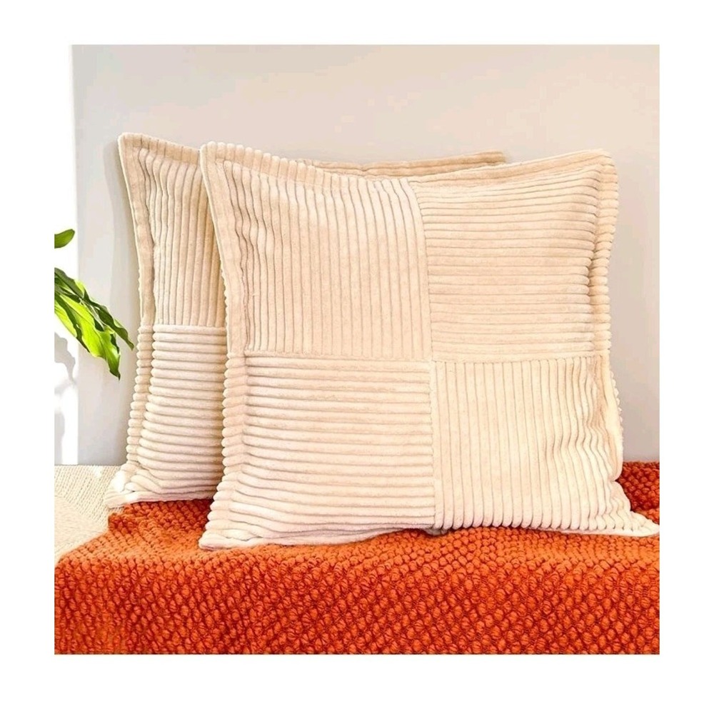 Set Of 2 Beige Ribbed Cotton Pillow Covers 18x18 s31